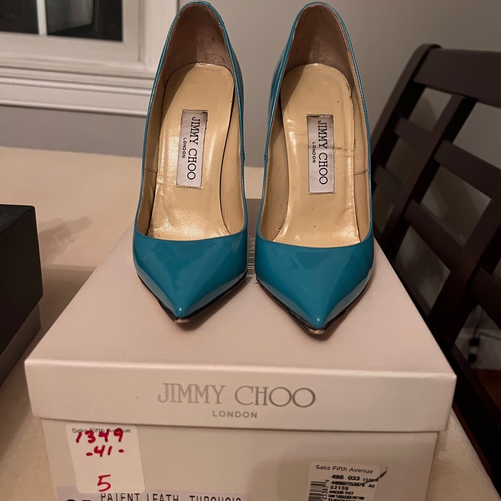 Jimmy Choo Turquoise Patent Leather Pointed Toe Pumps